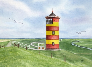 Poster DIN-A3 Aquarell Maritim Kunst Druck Kunstdruck Nordsee Ostfriesland Greetsiel Pilsumer Leuchtturm Pilsum Schafe Deich